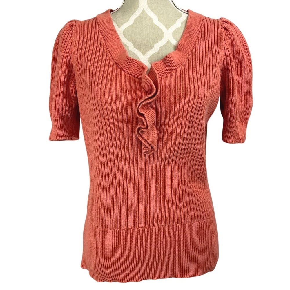 Talbots Womens M Coral Ribbed Cotton Ruffle V-Neck Puff Short‎ Sleeve Sweater